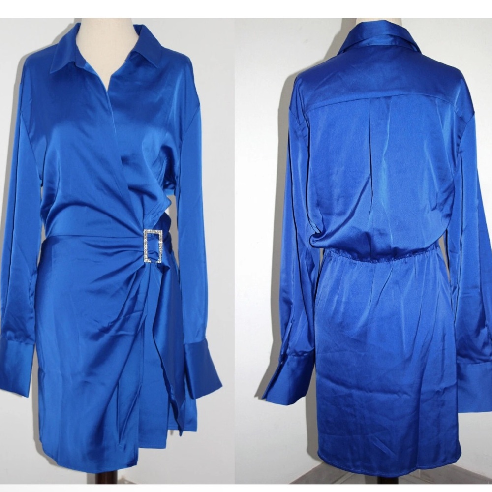 House of Harlow Royal Blue Satin Wrap Shirt Dress with Rhinestone Buckle Xl NWT